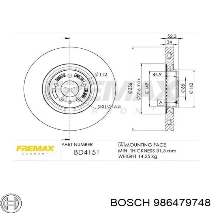 986479748 Bosch диск тормозной передний