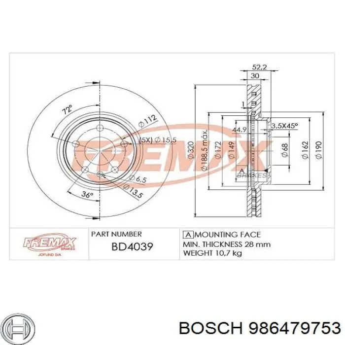 Передние тормозные диски 986479753 Bosch