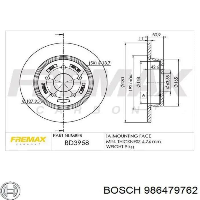 Тормозные диски 986479762 Bosch