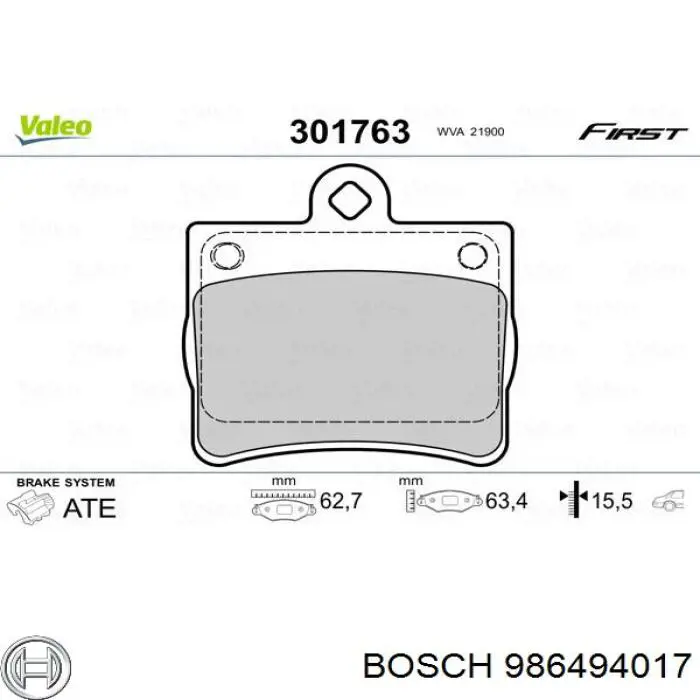 986494017 Bosch колодки тормозные задние дисковые