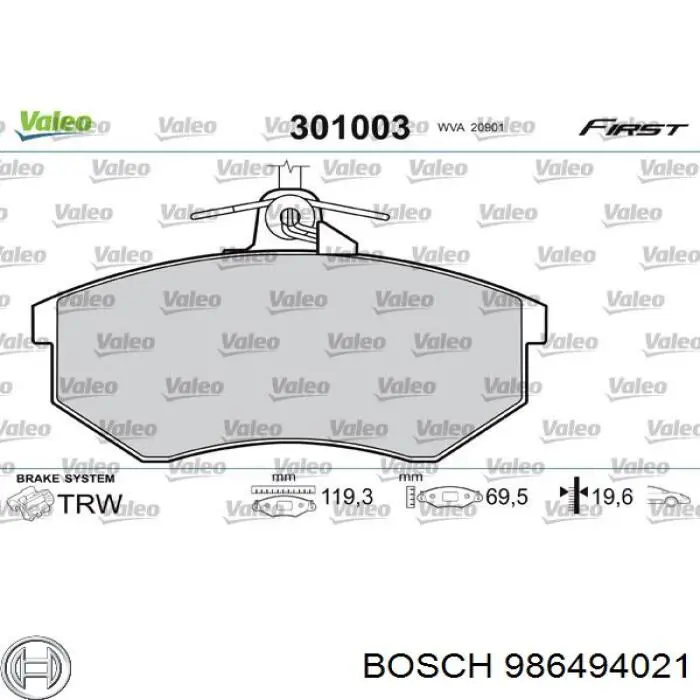 986494021 Bosch колодки тормозные передние дисковые