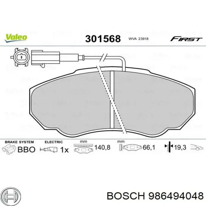 986494048 Bosch sapatas do freio dianteiras de disco