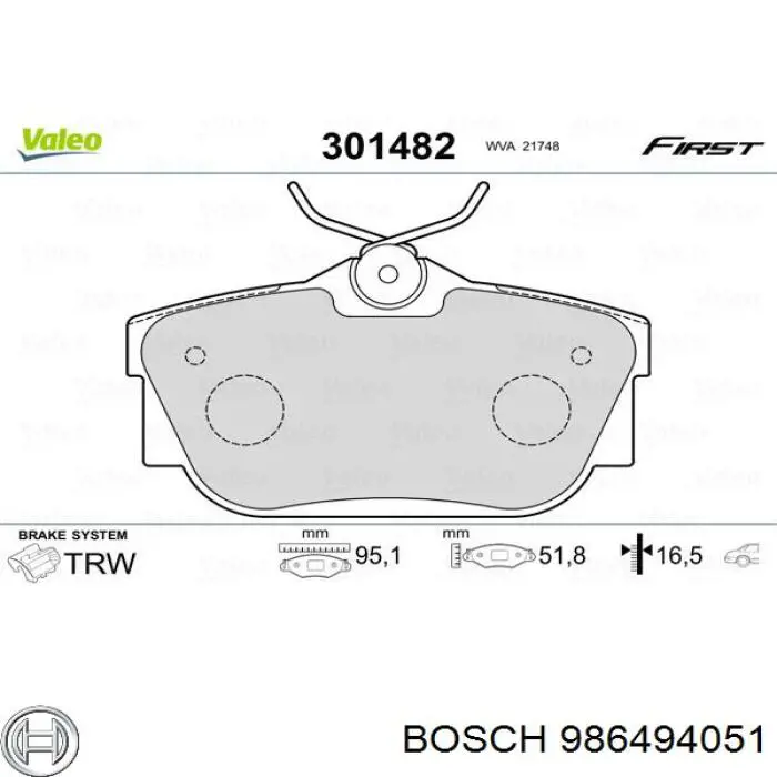 986494051 Bosch колодки тормозные задние дисковые