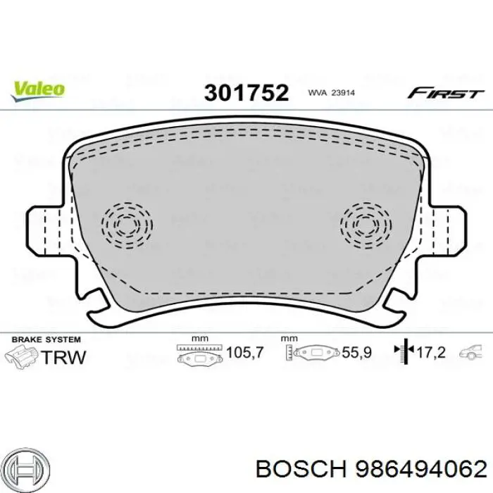 986494062 Bosch колодки тормозные задние дисковые