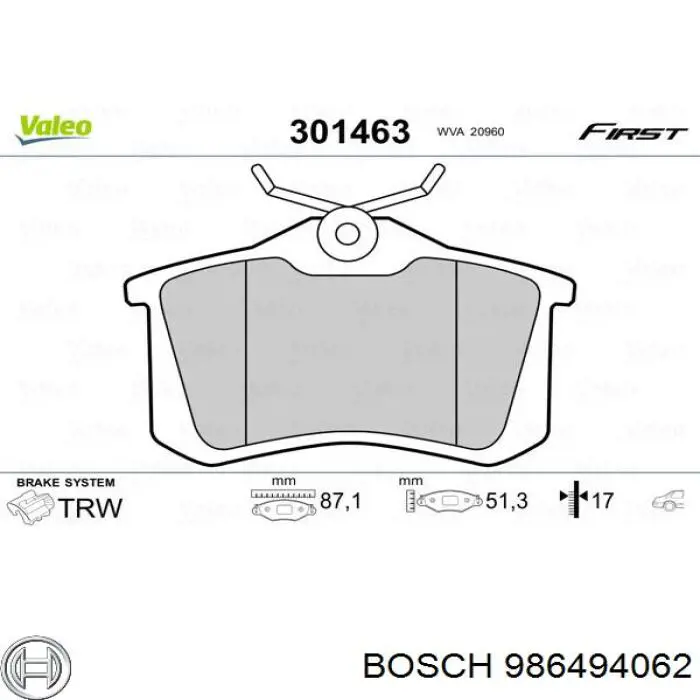 Купить 986494062 Bosch Колодки тормозные задние, дисковые