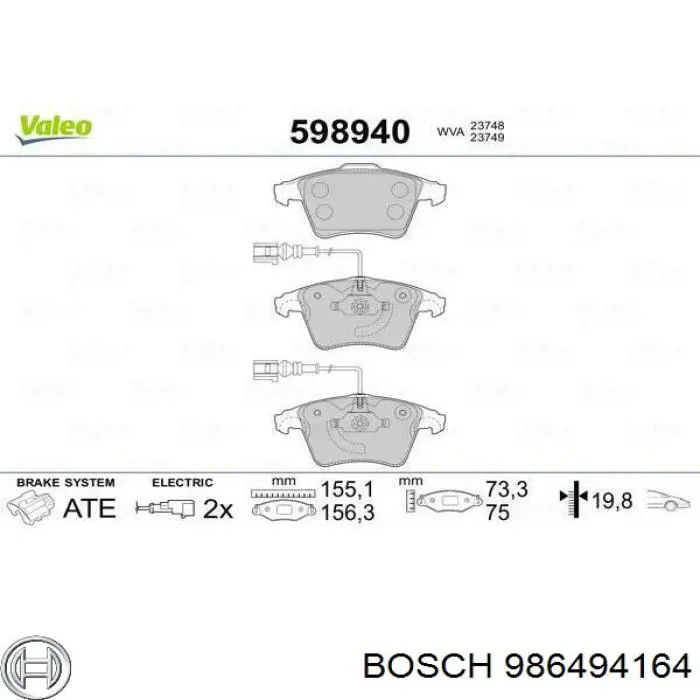 986494164 Bosch колодки тормозные передние дисковые