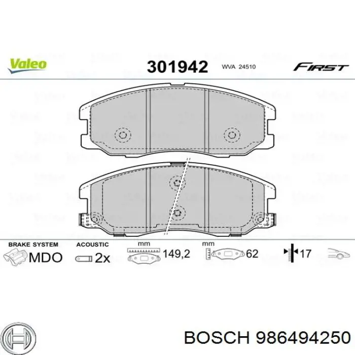 986494250 Bosch Колодки передние