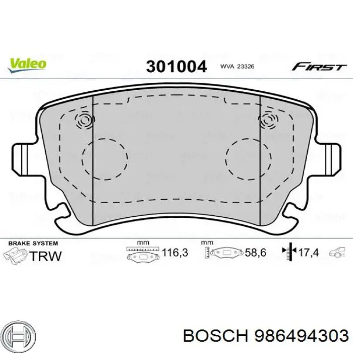 986494303 Bosch колодки тормозные задние дисковые