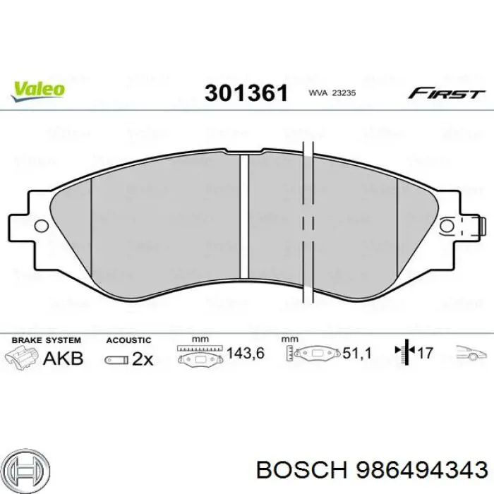 Передние тормозные колодки 986494343 Bosch