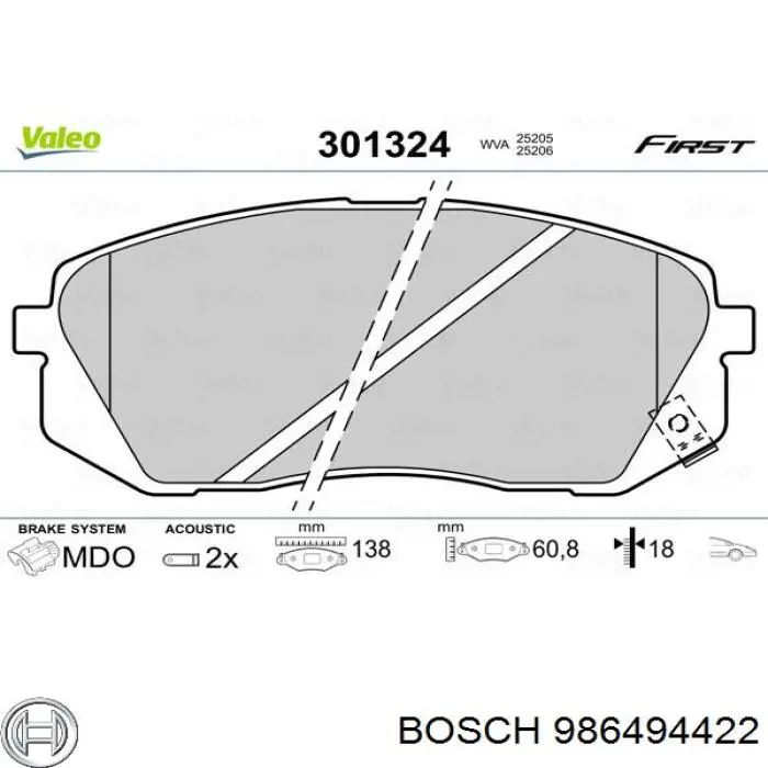 Передние тормозные колодки 986494422 Bosch