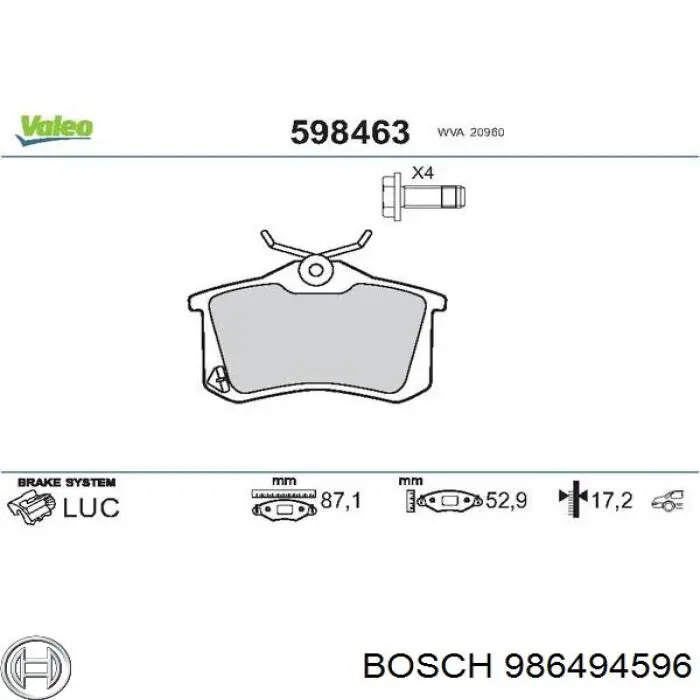 986494596 Bosch колодки тормозные задние дисковые