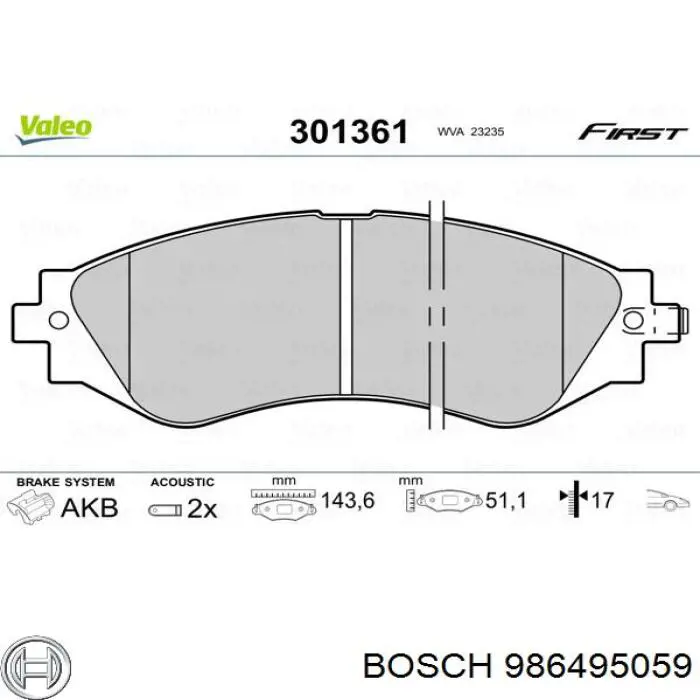 986495059 Bosch колодки тормозные передние дисковые