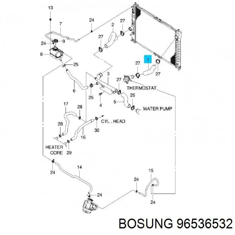 Патрубок радиатора 96536532 Bosung