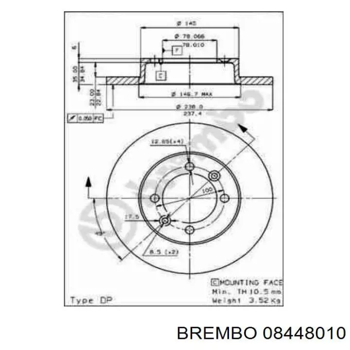Передний тормозной диск Brembo 08448010