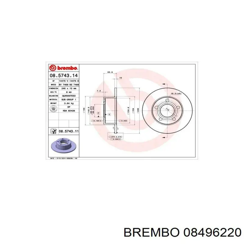Тормоз дисковый передний Brembo 08496220 цена, от 20.82 USD