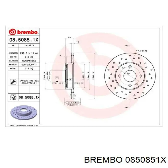 Передние тормозные диски 0850851X Brembo