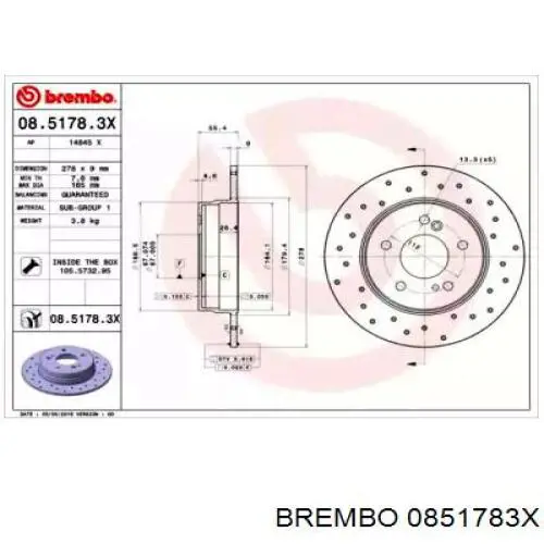 0851783X Brembo диск тормозной задний