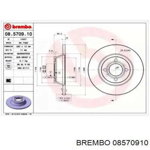 Передние тормозные диски 08570910 Brembo