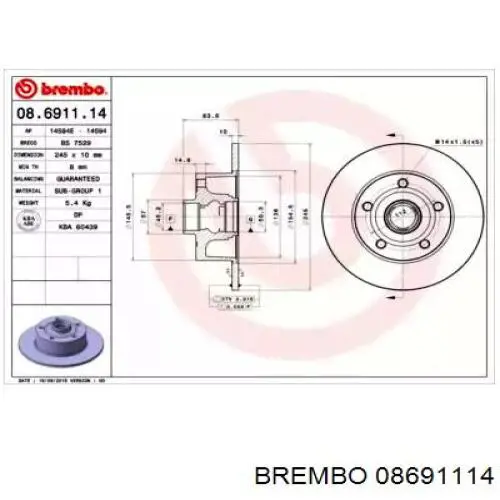 08.6911.14 Brembo диск тормозной задний