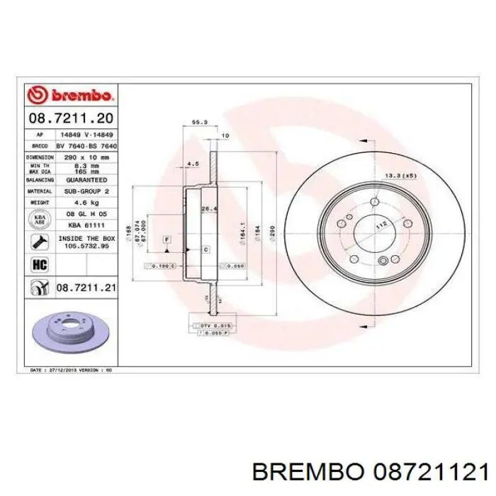 Тормозные диски 08721121 Brembo