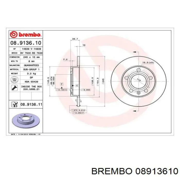 08913610 Brembo диск тормозной задний