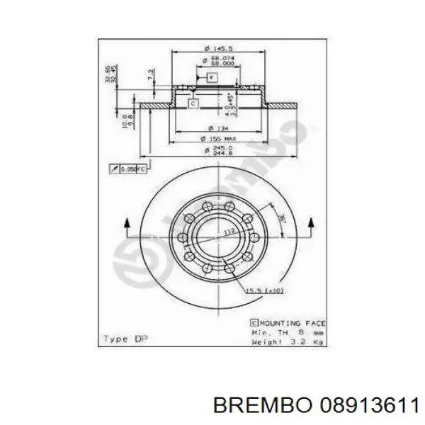 Купить 08913611 Brembo Диск тормозной задний