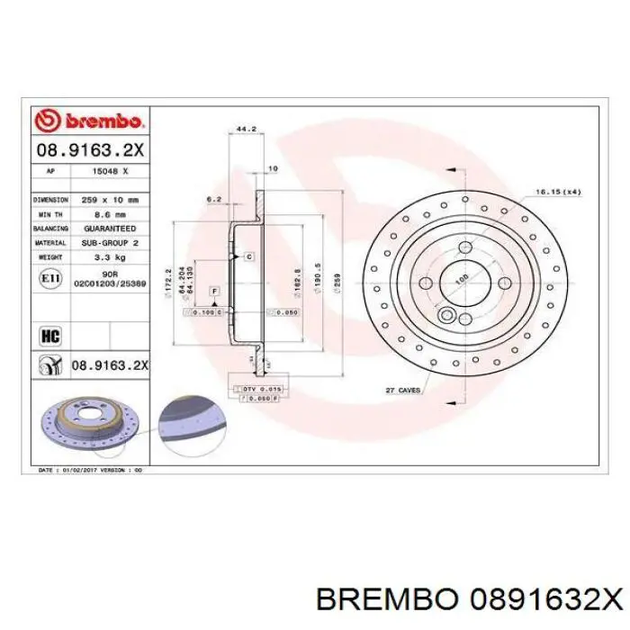 Задний тормозной диск Brembo 0891632X цена, от 37.30 USD