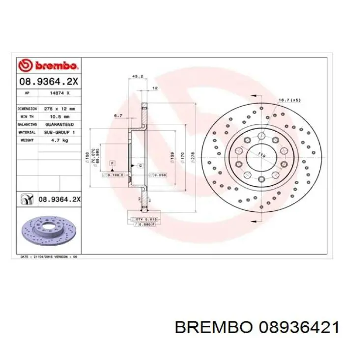 Диск гальмівний задній 08936421 Brembo