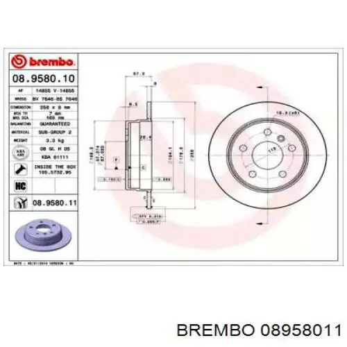 Тормозные диски 08958011 Brembo