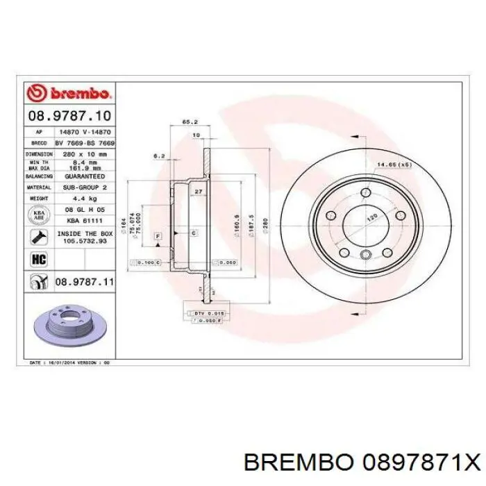 Купить 0897871X Brembo Диск тормозной задний