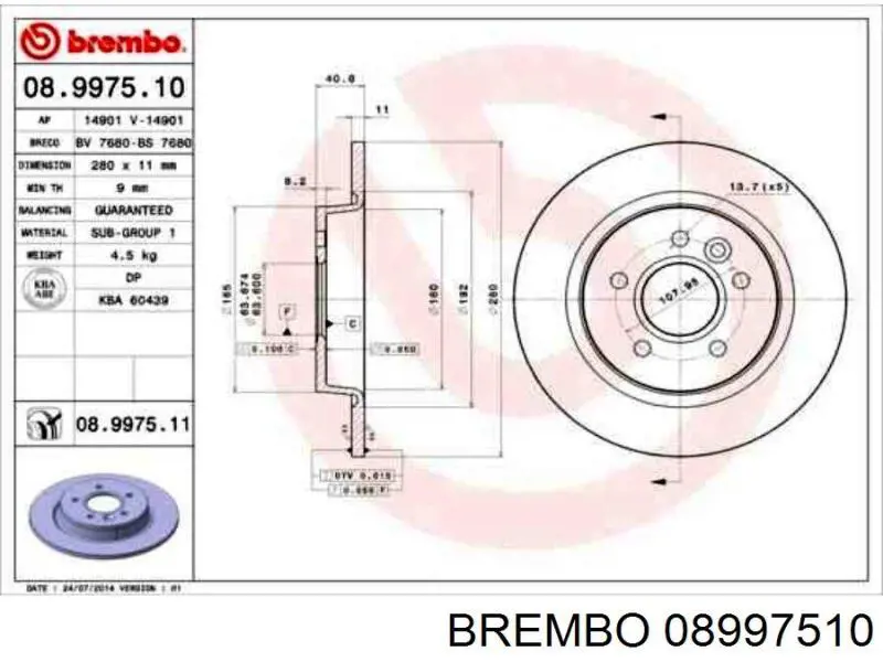 Disco de freno trasero 08997510 Brembo