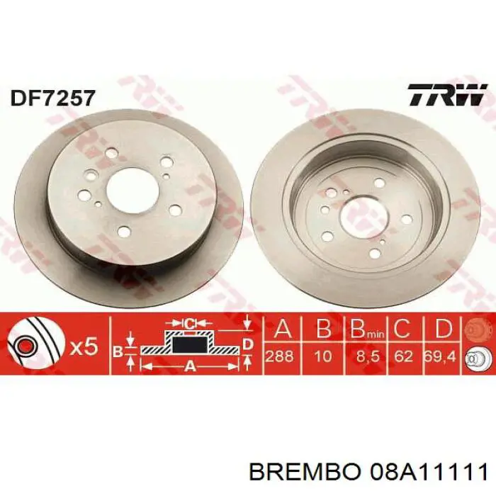 Задний тормозной диск Brembo 08A11111 цена, от 36.78 USD
