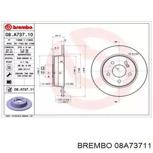 08A73711 Brembo тормозные диски
