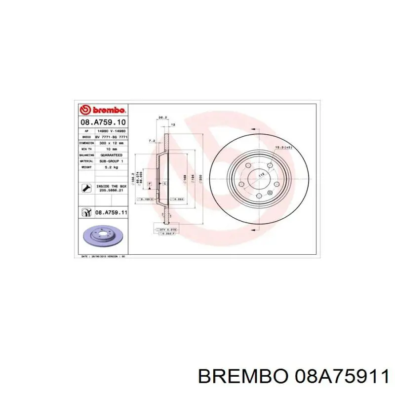Disco de freno trasero 08A75911 Brembo
