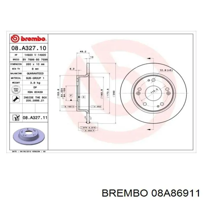 Тормозные диски 08A86911 Brembo