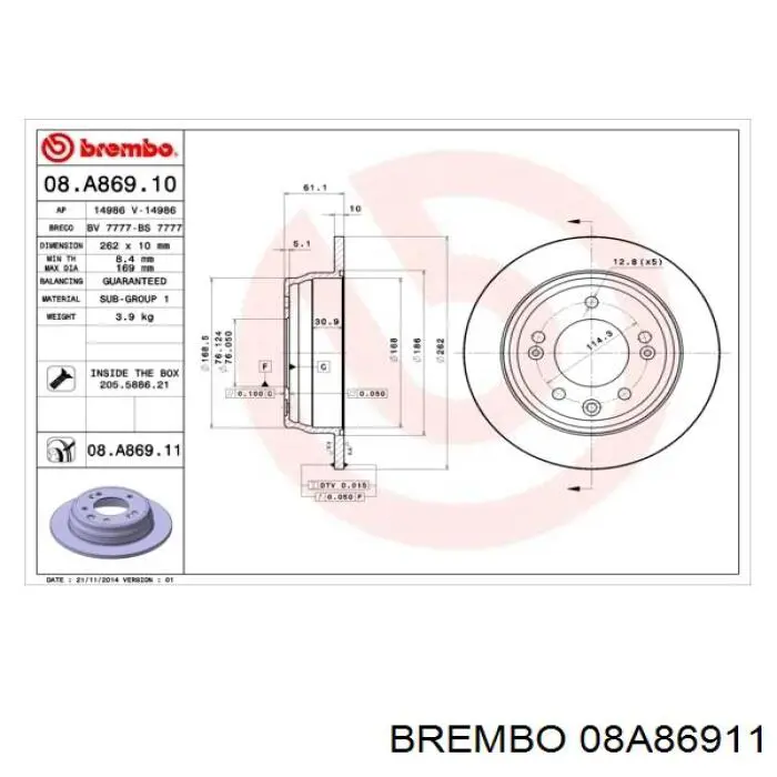 Купить 08A86911 Brembo Диск тормозной задний