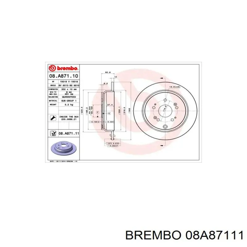Disco de freno trasero 08A87111 Brembo