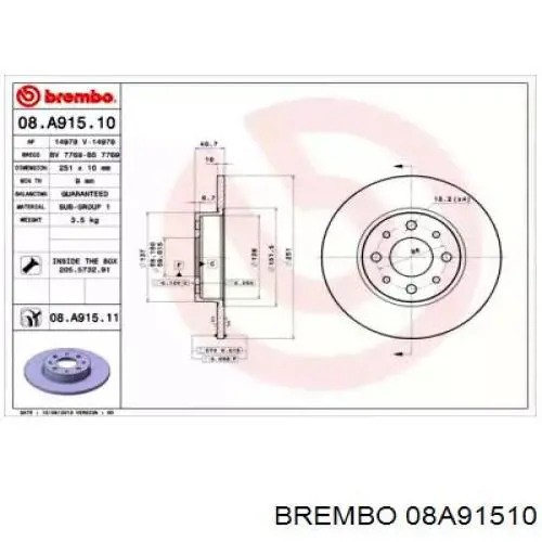 Тормозные диски 08A91510 Brembo