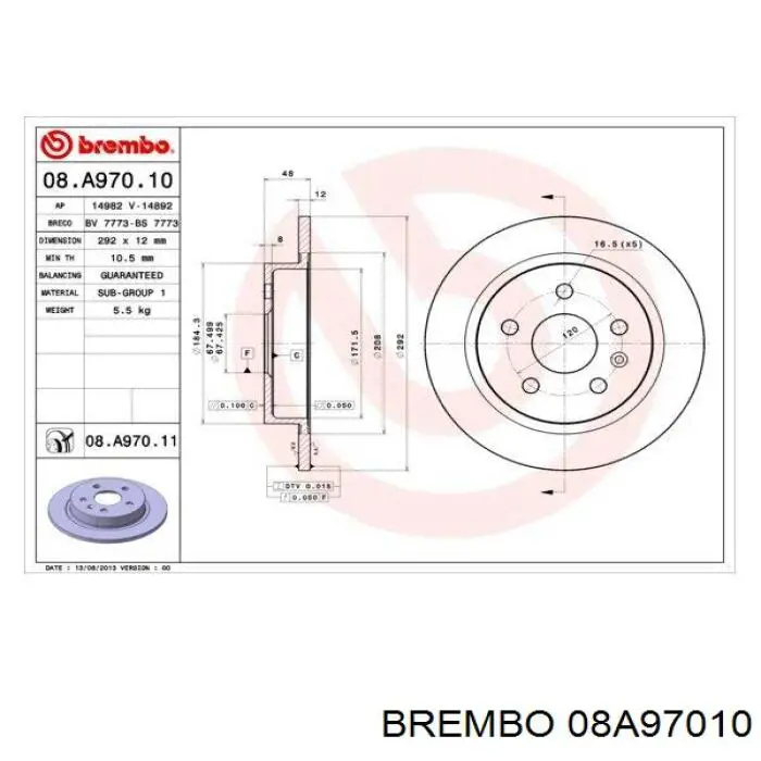 Тормозные диски 08A97010 Brembo