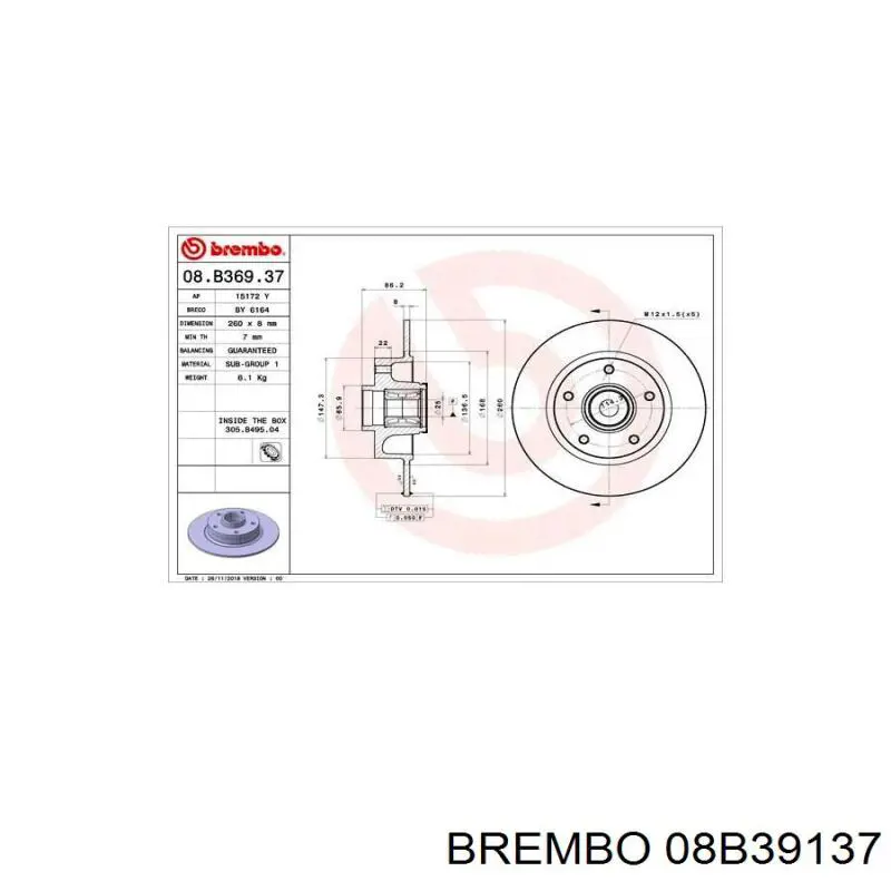 Disco de freno trasero 08B39137 Brembo