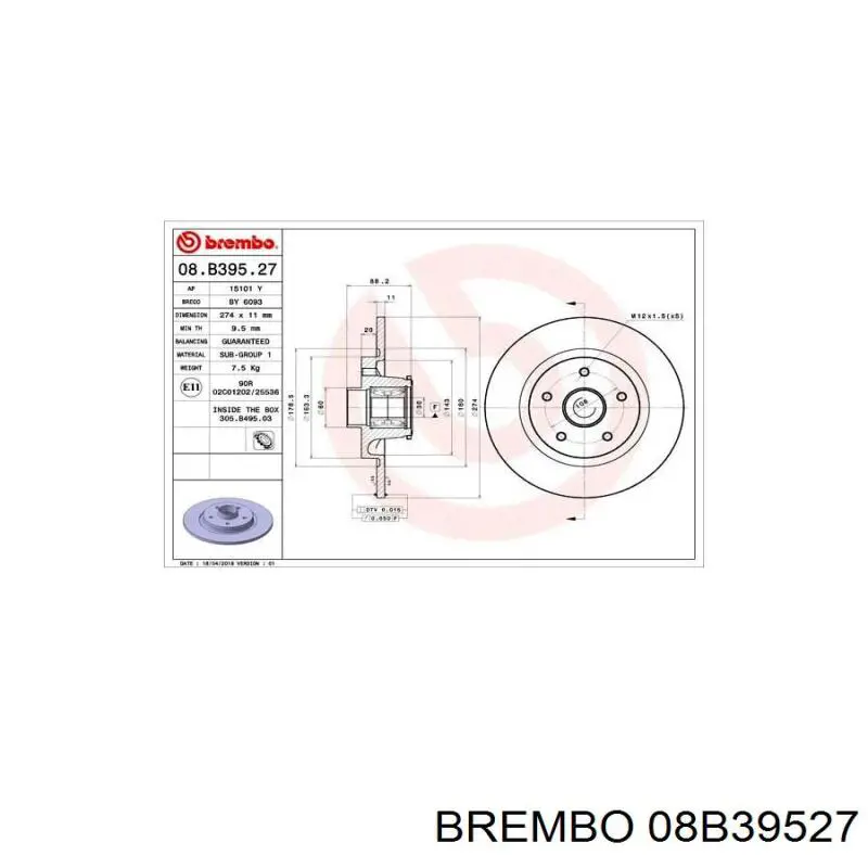 Задний тормозной диск Brembo 08B39527 цена, от 109.59 USD