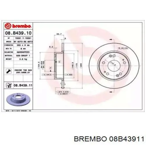 Disco de freno trasero 08B43911 Brembo