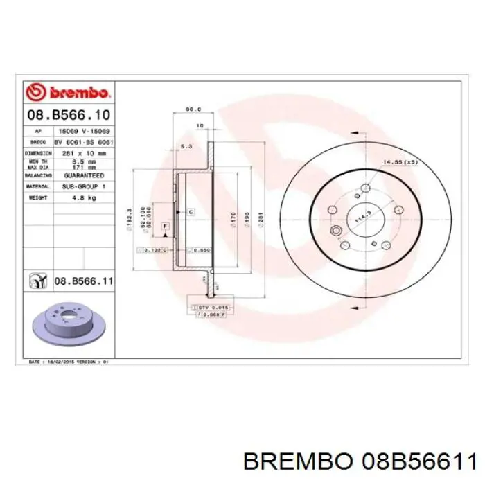 Disco de freno trasero 08B56611 Brembo