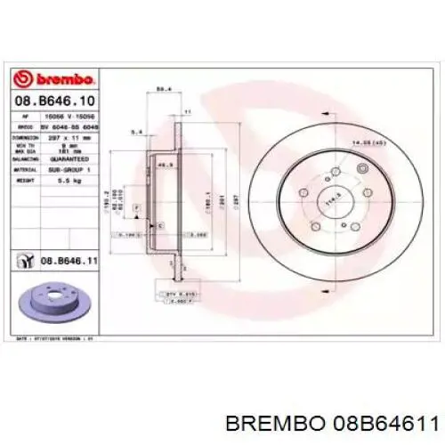 Задний тормозной диск Brembo 08B64611 цена, от 58.46 USD
