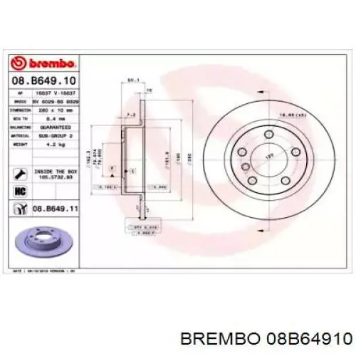 Тормозные диски 08B64910 Brembo