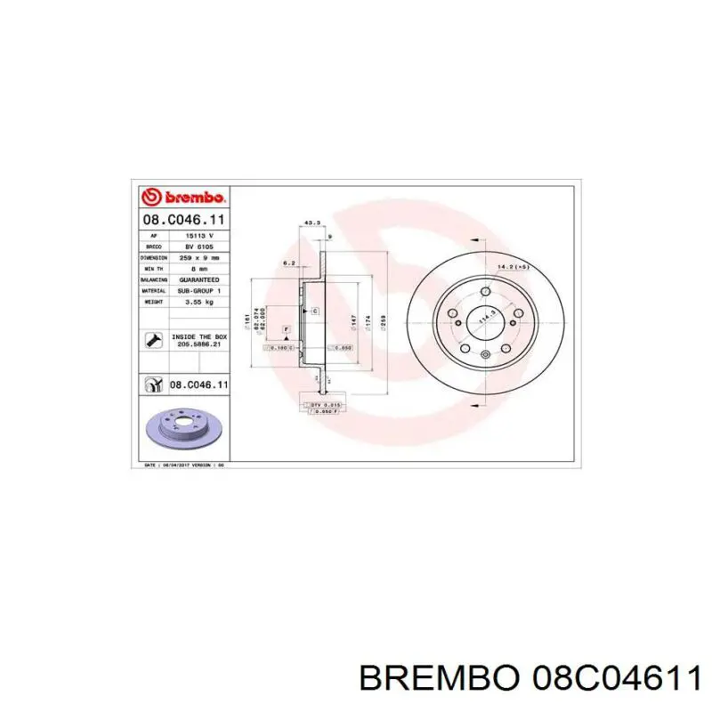Задний тормозной диск Brembo 08C04611 цена, от 41.98 USD