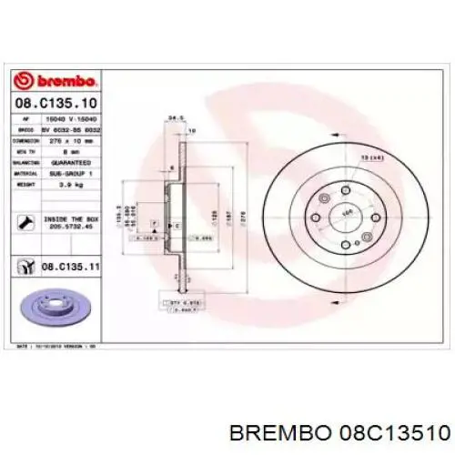 Тормозные диски 08C13510 Brembo