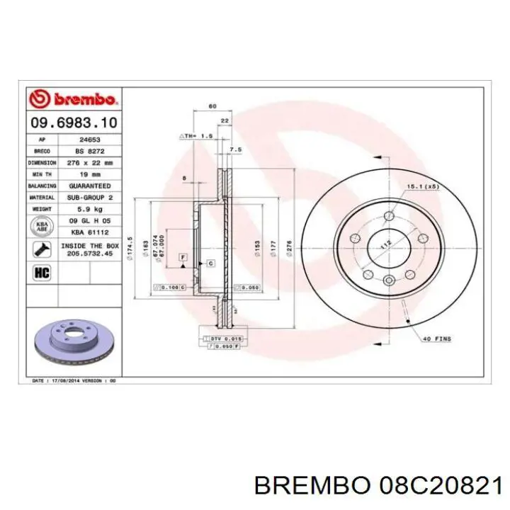 Задний тормозной диск Brembo 08C20821 цена, от 56.16 USD
