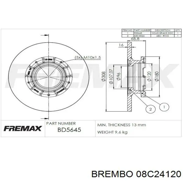 Диск тормозной задний BREMBO 08C24120