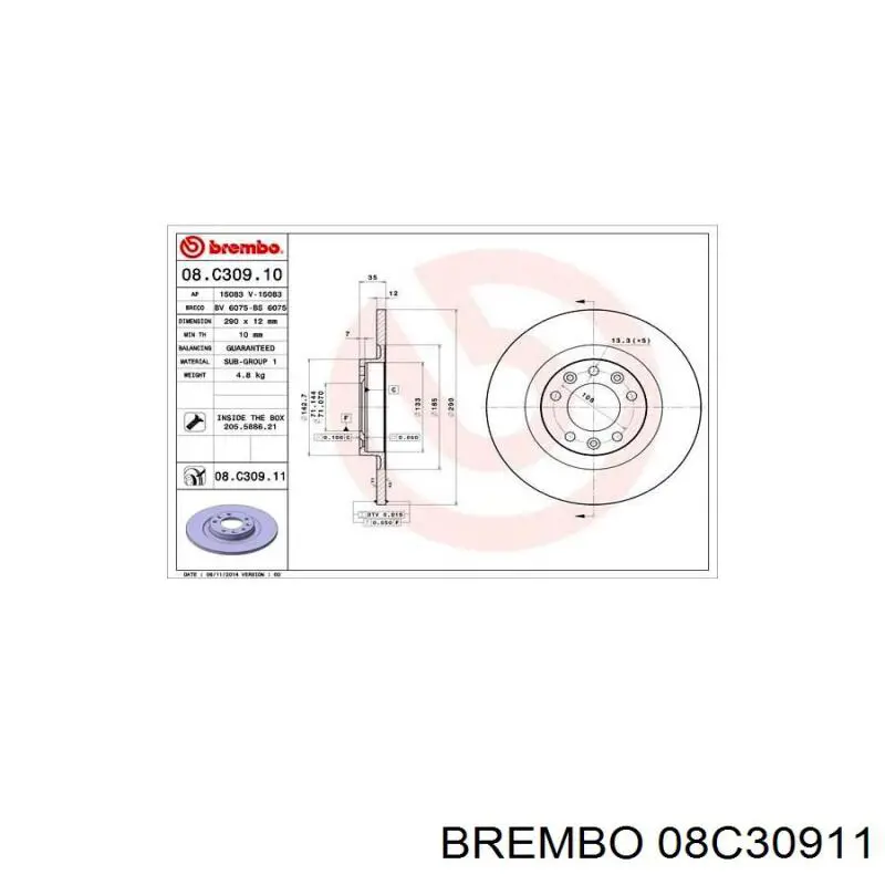 Disco de freno trasero 08C30911 Brembo